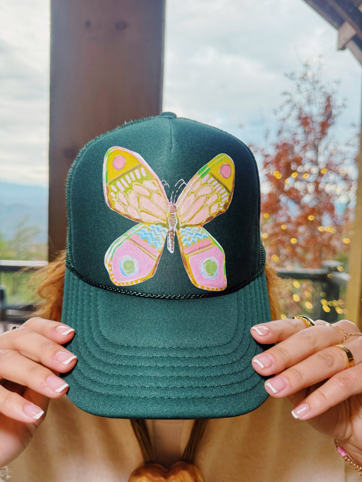 New Custom Designed Olive Green Distressed Baseball Cap with Colorful Butterfly Butterfly Trucker - Etsy main image 4